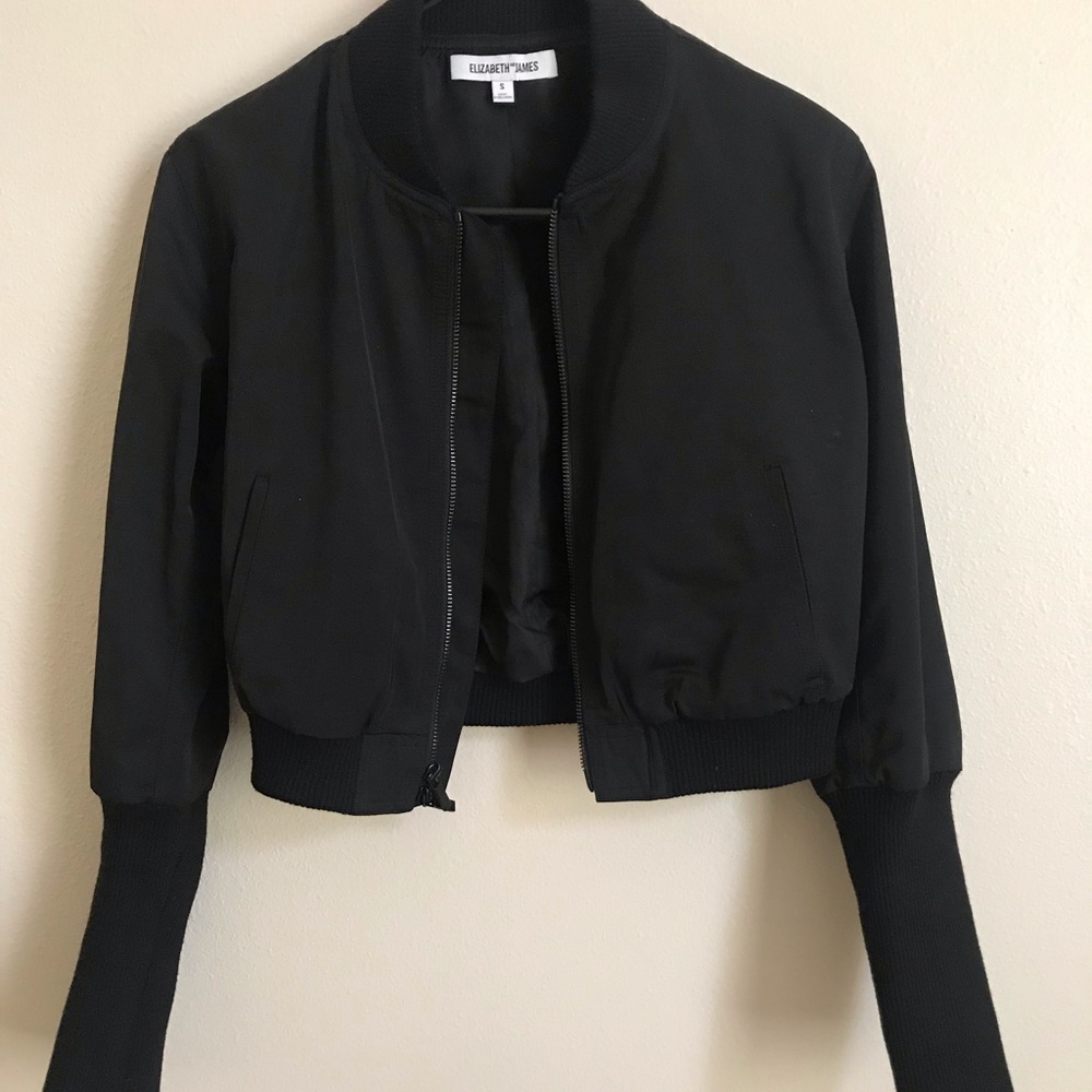 Elizabeth and James Cropped Black Bomber Jacket
